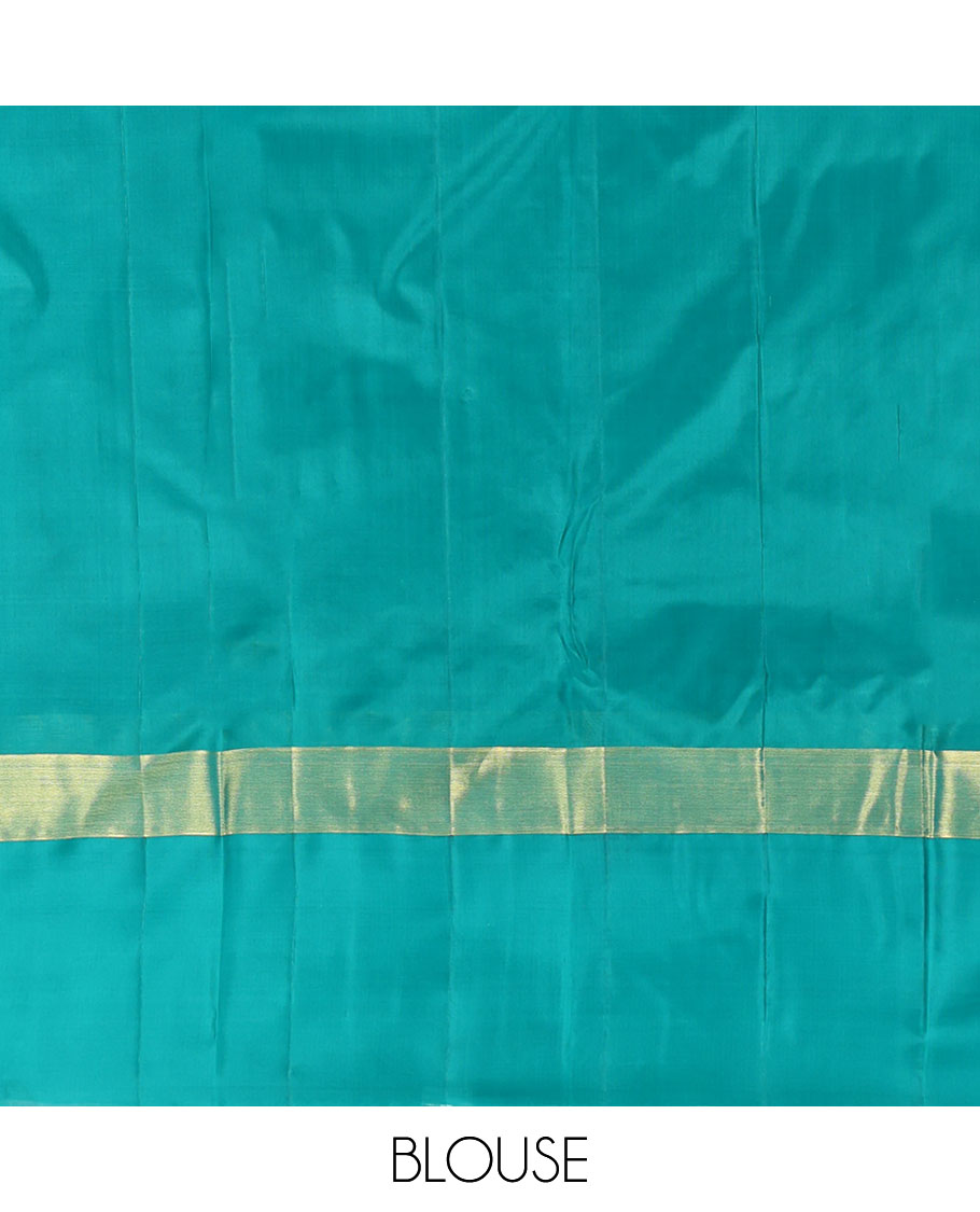 Blue Dual-tone Kanchipuram Silk Saree, Elevated with Goddess Lakshmi Buttas, a Contrast Goddess Lakshmi Border, Goddess Lakshmi Pallu, and a Contrast Blouse