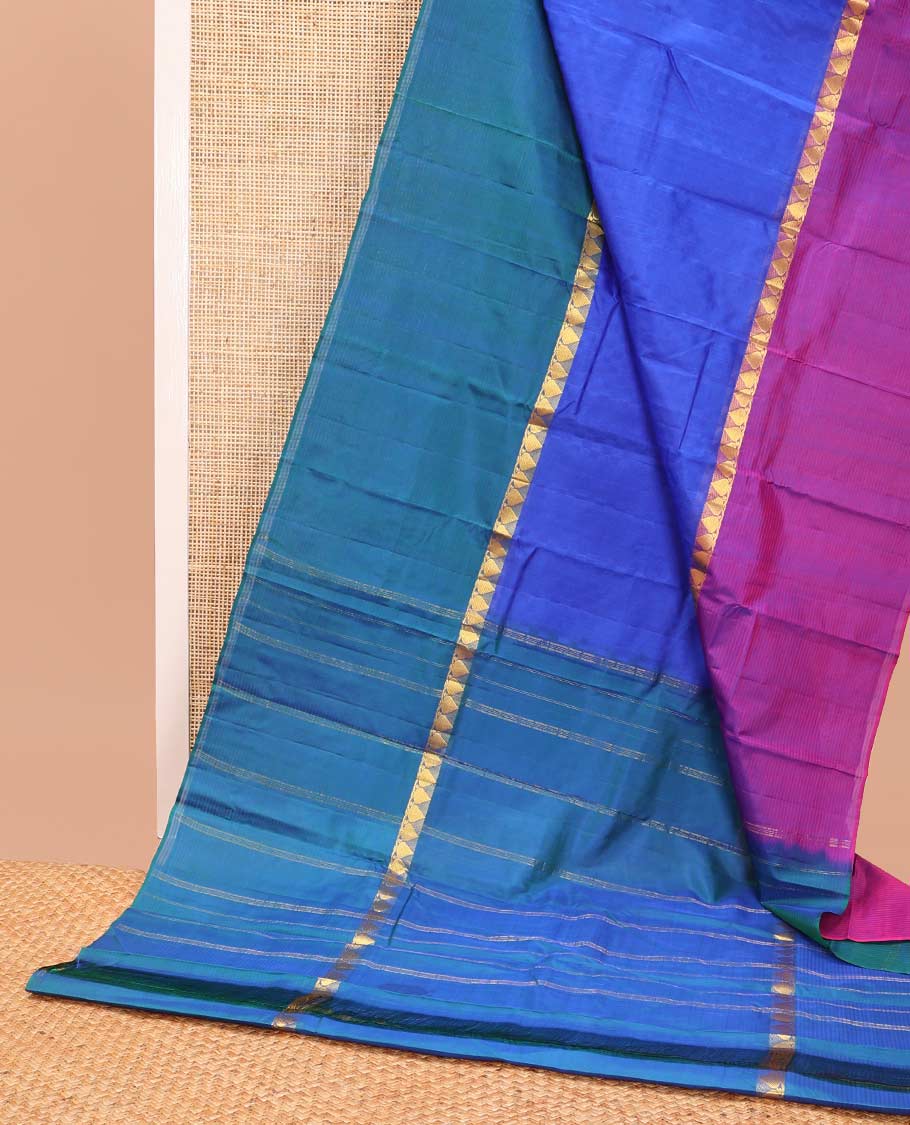 Blue checked kancheepuram silk saree with contrast striped, leaf design border & striped pallu