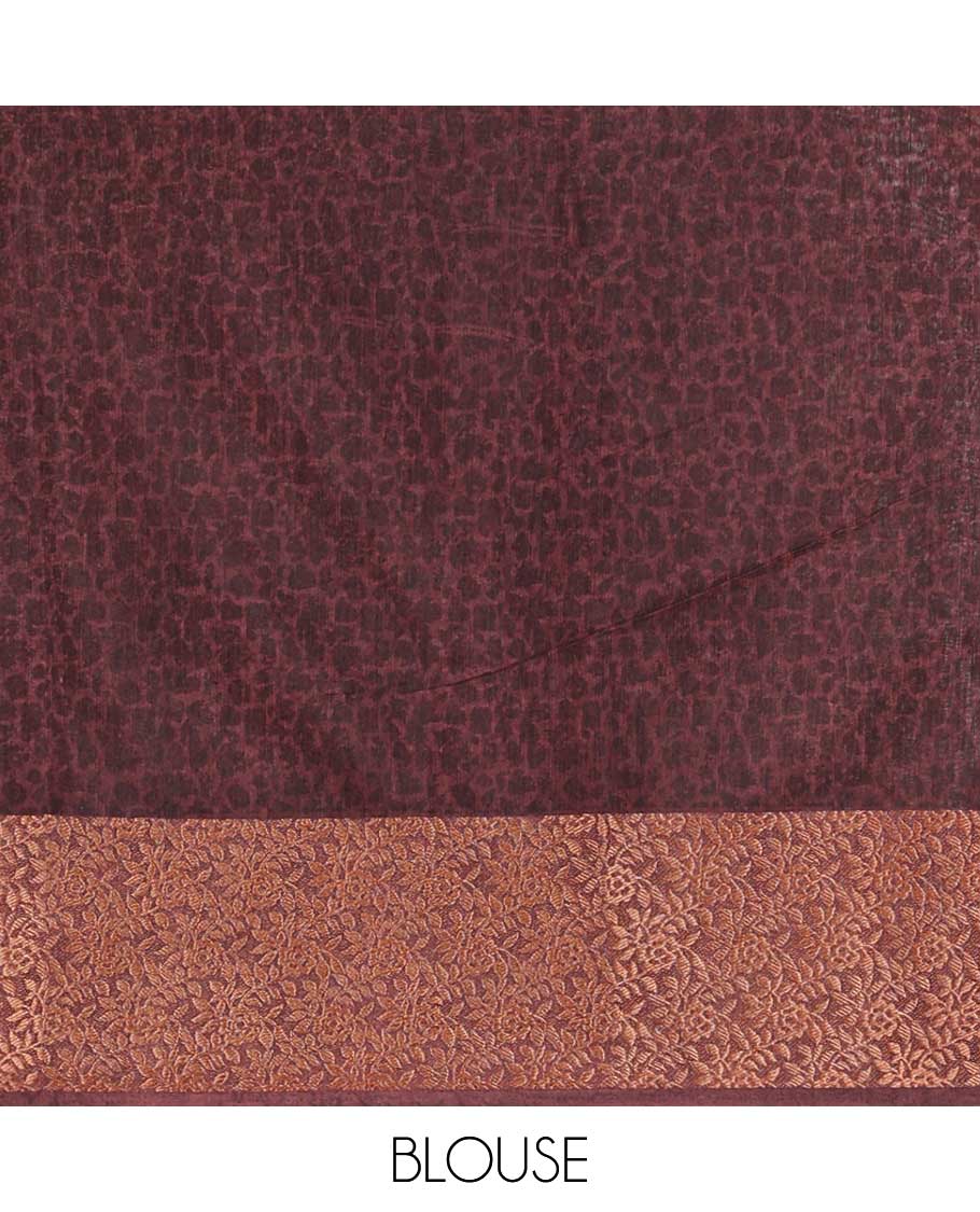 Wine color screen print linen saree with leaf, floral style border & chit pallu along with brocade blouse