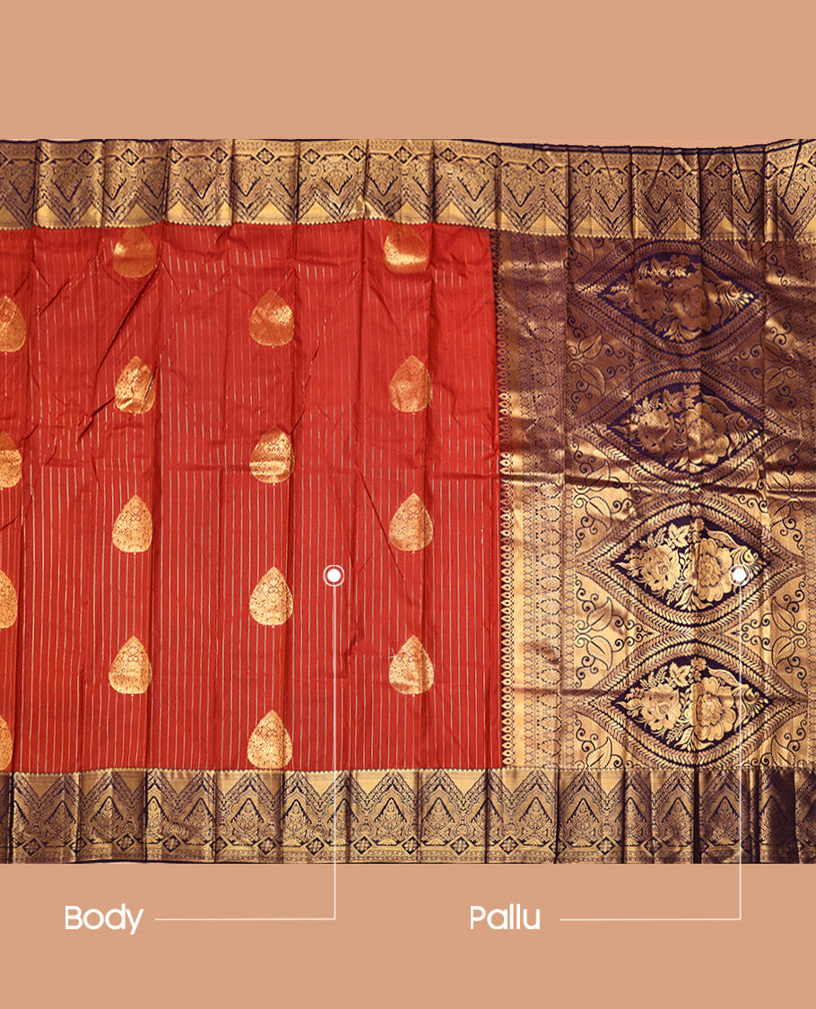 Rust Budget Silk Saree, Detailed with Zari Buttas and Stripes, Complemented by a Contrast Traditional Zari Border, Intricate Pallu, and a Contrast Blouse