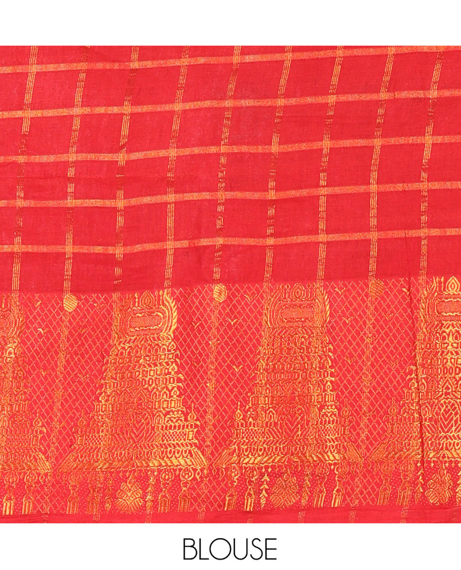 Black-Red Sungudi Cotton Half-Saree Features Checked Skirt, Contrast Gopuram Border, Contrast Blouse, and Zari-Bordered Syska Georgette Dhavani