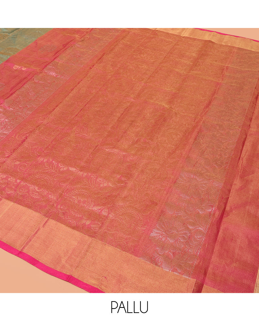 Green Uppada Silk Saree Bedecked with Zari Buttas, Complemented by Bavanji Border, Captivating Contrast Pallu of Floral-Paisley Design Weave, and Paired with a Contrast Blouse