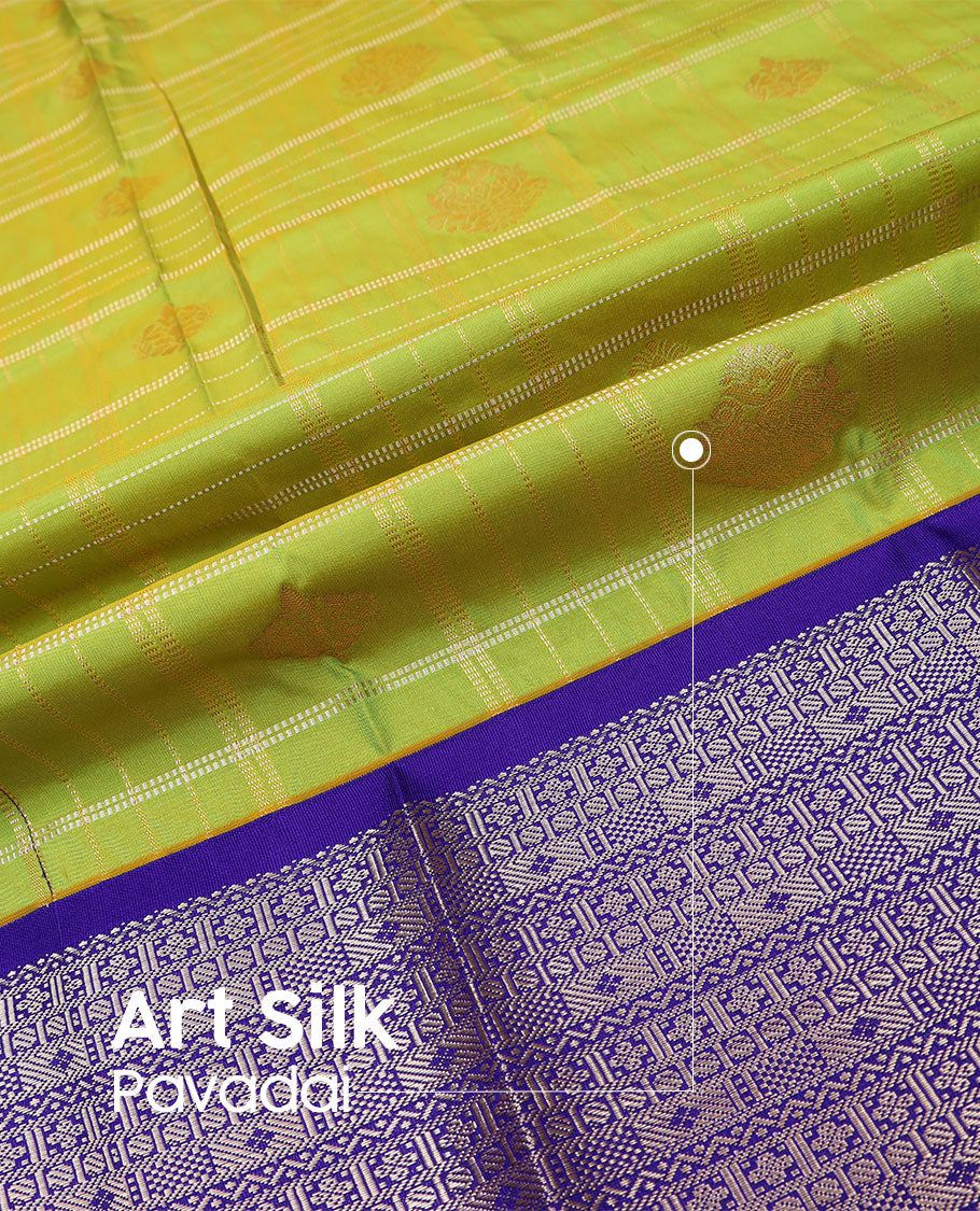 Leaf green art silk pavadai material set, zari butta enclosed checked pavadai & contrast blouse & traditional zari design border