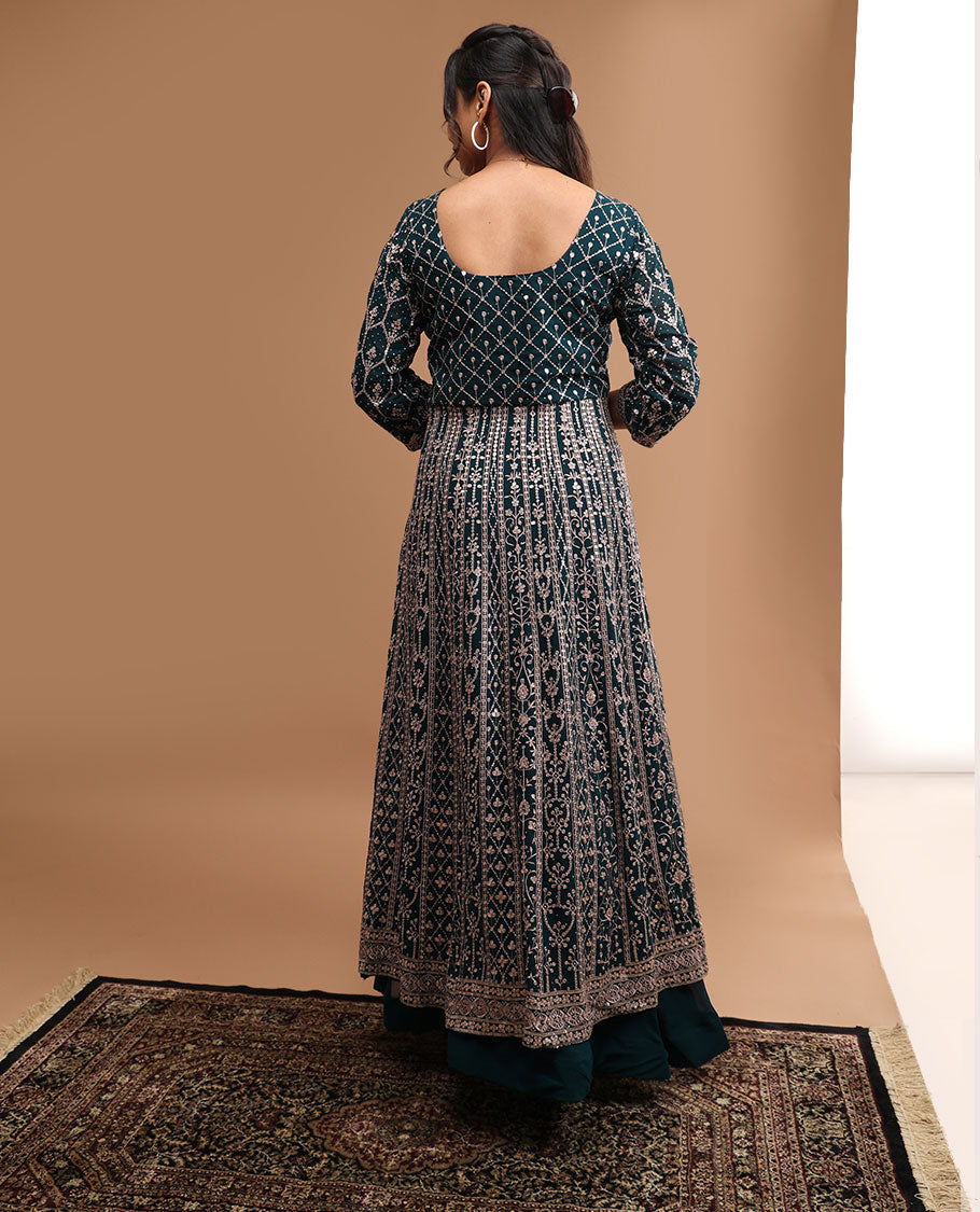 blue floral embroidered v neck, 3/4 th sleeve, floor length top with sharara pants & floral zari design dupatta