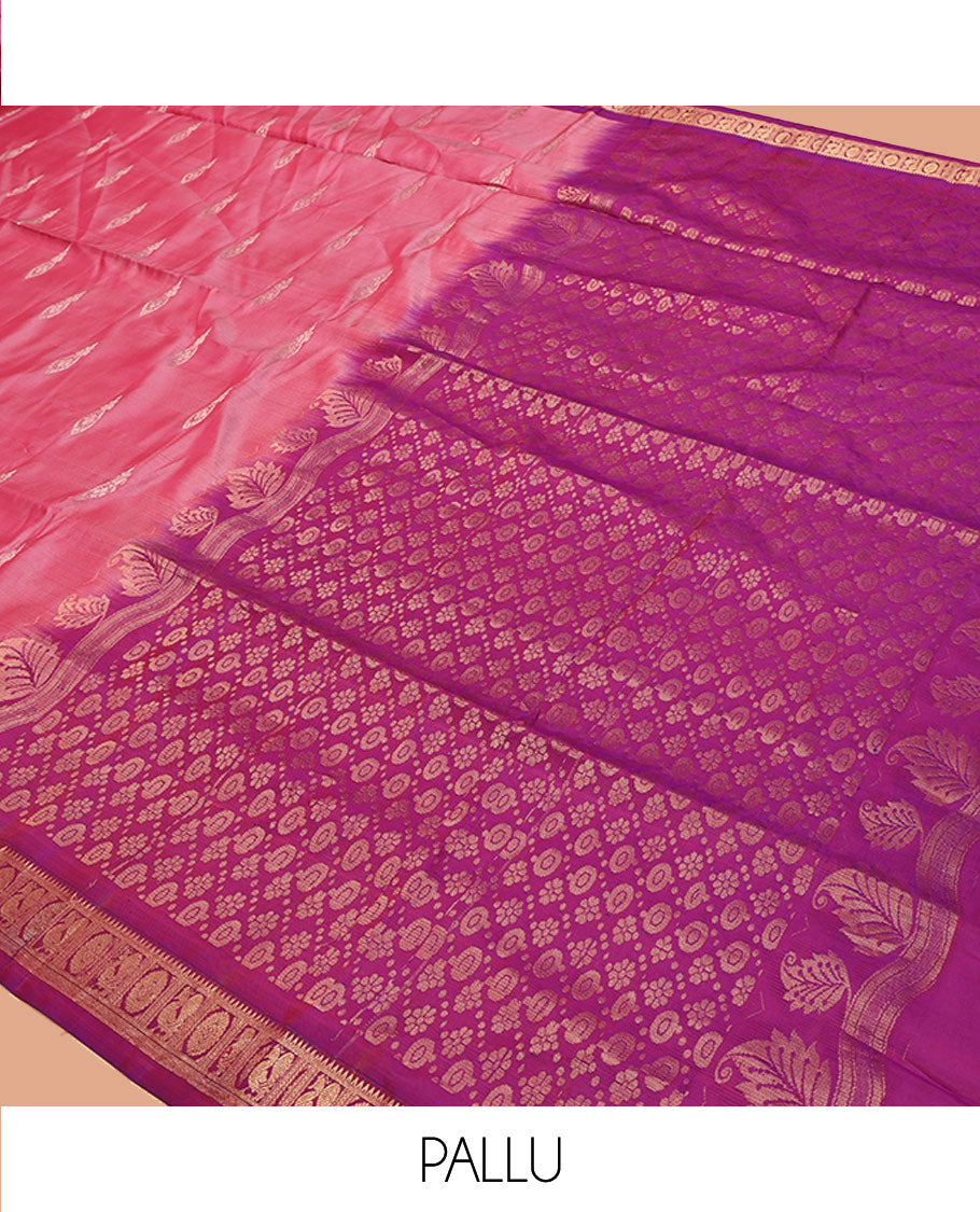 Pink Uppada Silk Saree, Ornamented with Zari Buttas, a Contrast Peacock-Chakram Border, Grand Pallu, and a Contrast Blouse