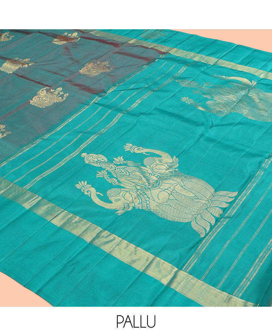 Blue Dual-tone Kanchipuram Silk Saree, Elevated with Goddess Lakshmi Buttas, a Contrast Goddess Lakshmi Border, Goddess Lakshmi Pallu, and a Contrast Blouse