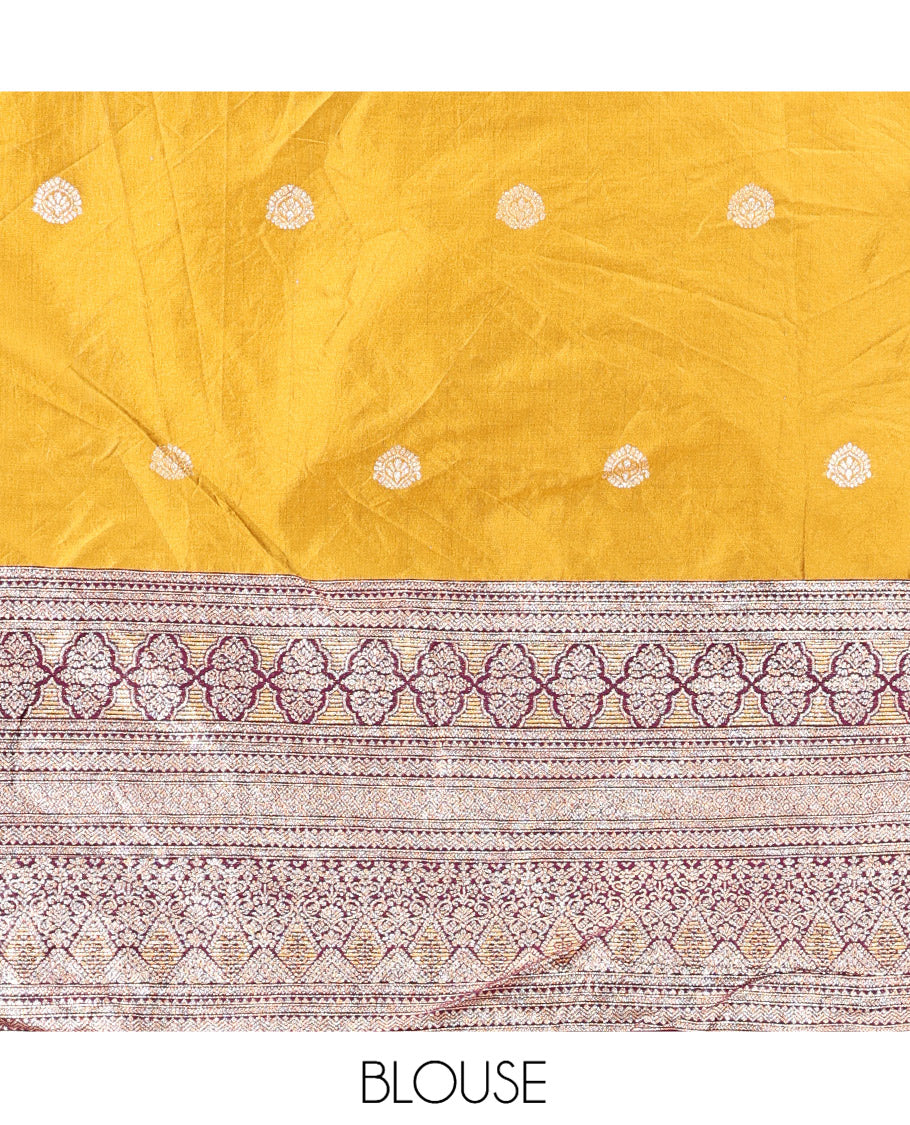 Mustard-Purple Banarasi Half-Saree, Graced with Zari Buttas, a Contrast Traditional Zari Border, a Matching Blouse, and a Contrast Embroidered Dhavani