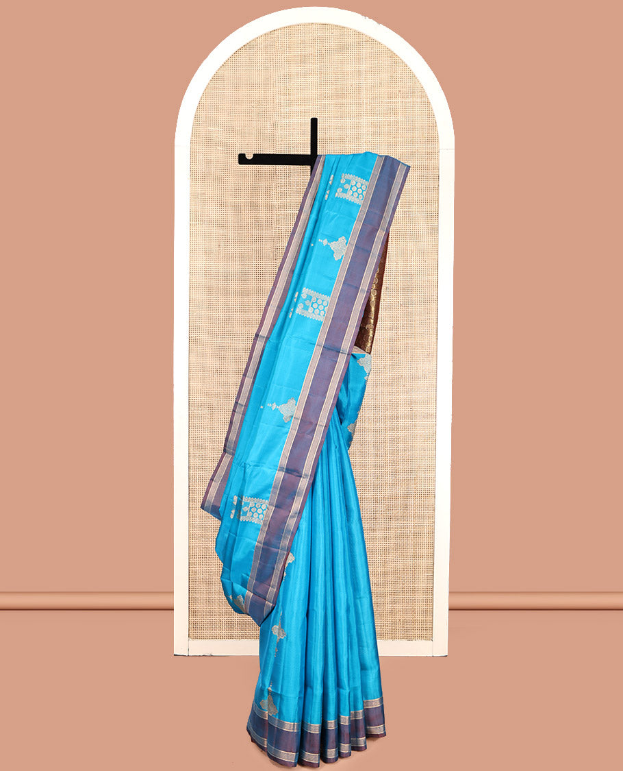 Blue Mayuri Lite Silk Mix Saree, Crafted with Zari Buttas, Contrast Border, Pallu of Intricate Designs, and a Contrast Blouse