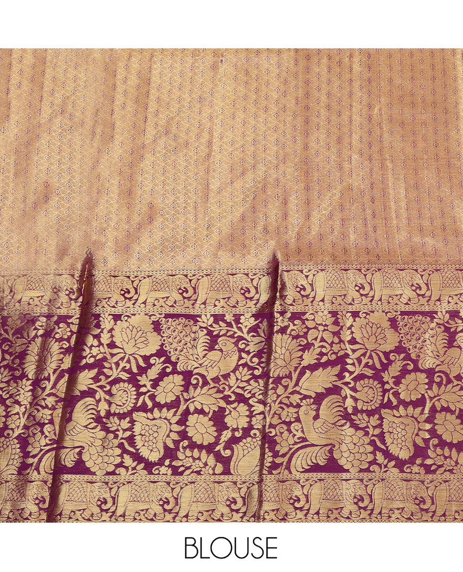 Green Pure Silk Half-Saree, Artfully Detailed with Floral Jacquard All Over Its Skirt, Complemented by a Contrast Border of Yaanai, Mayil, and Kodi Visiry Designs, Paired with a Contrast Blouse, and Comes with an Intricately Designed Dhavani