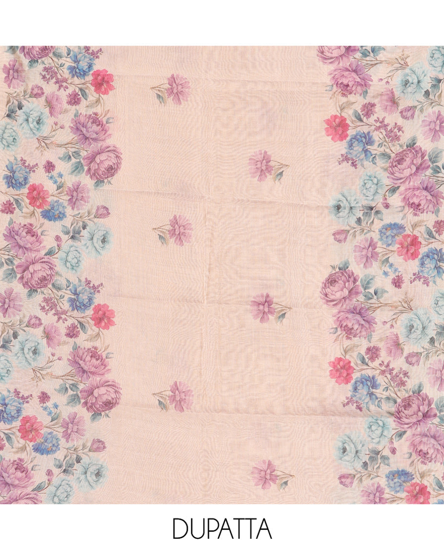 Gold-Chikku Tissue Material Churidar, Adorned with Rose Floral Printed Top, a Contrast Bottom, a Floral Printed Dupatta
