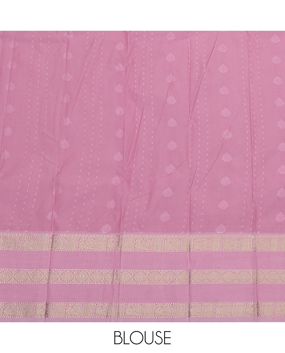 Blue Budget Silk Saree, Highlighted by Buttas All Over Its Body, Complemented by Contrast Traditional Zari Design Varisa Pettu Border, Sparsely Woven Jaal Pallu, and Paired with a Contrast Blouse