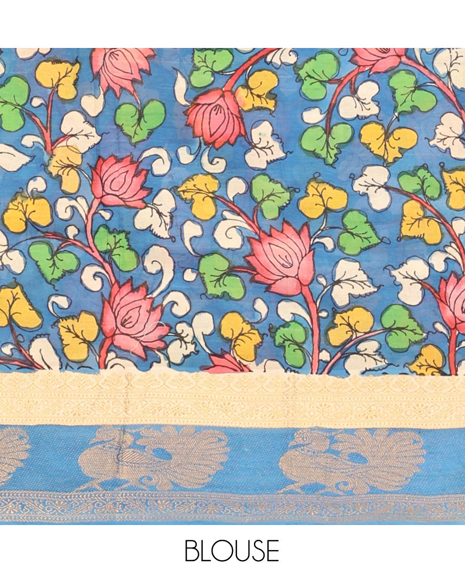 Sandal Kalamkari Printed Semi-Banarasi Tussar Saree, Beautified with Pichwai Cow-Lotus, Contrast Traditional Border, Contrast Peacock Printed Pallu, and a Contrast Blouse