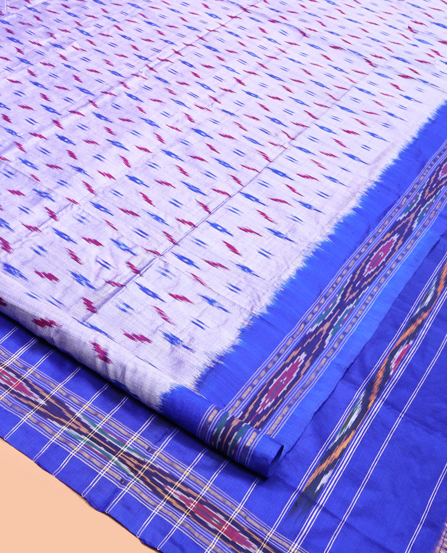 Light Lavender Pochampally Ikat Silk Saree, Elevated with Buttas, Complemented by a Contrast Ikat Border, Ikat-Style Pallu, and No Blouse