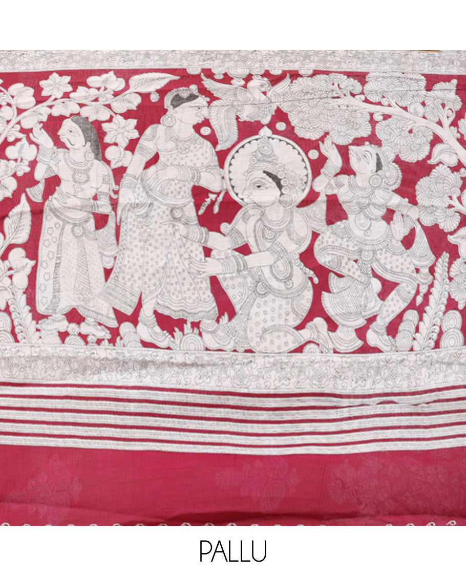 Mustard Chanderi Cotton Saree, Accentuated with Kalamkari Print, a Contrast Zari Border, Kalamkari Pallu, a Contrast Blouse