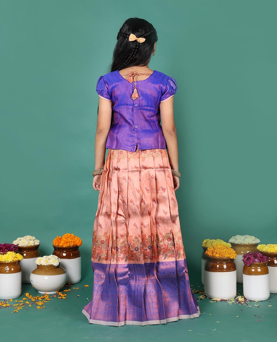 Peach art silk pavadai Readymade set, jacquard with contrast traditional zari border skirt, and contrast neck embroidered puff-sleeve blouse
