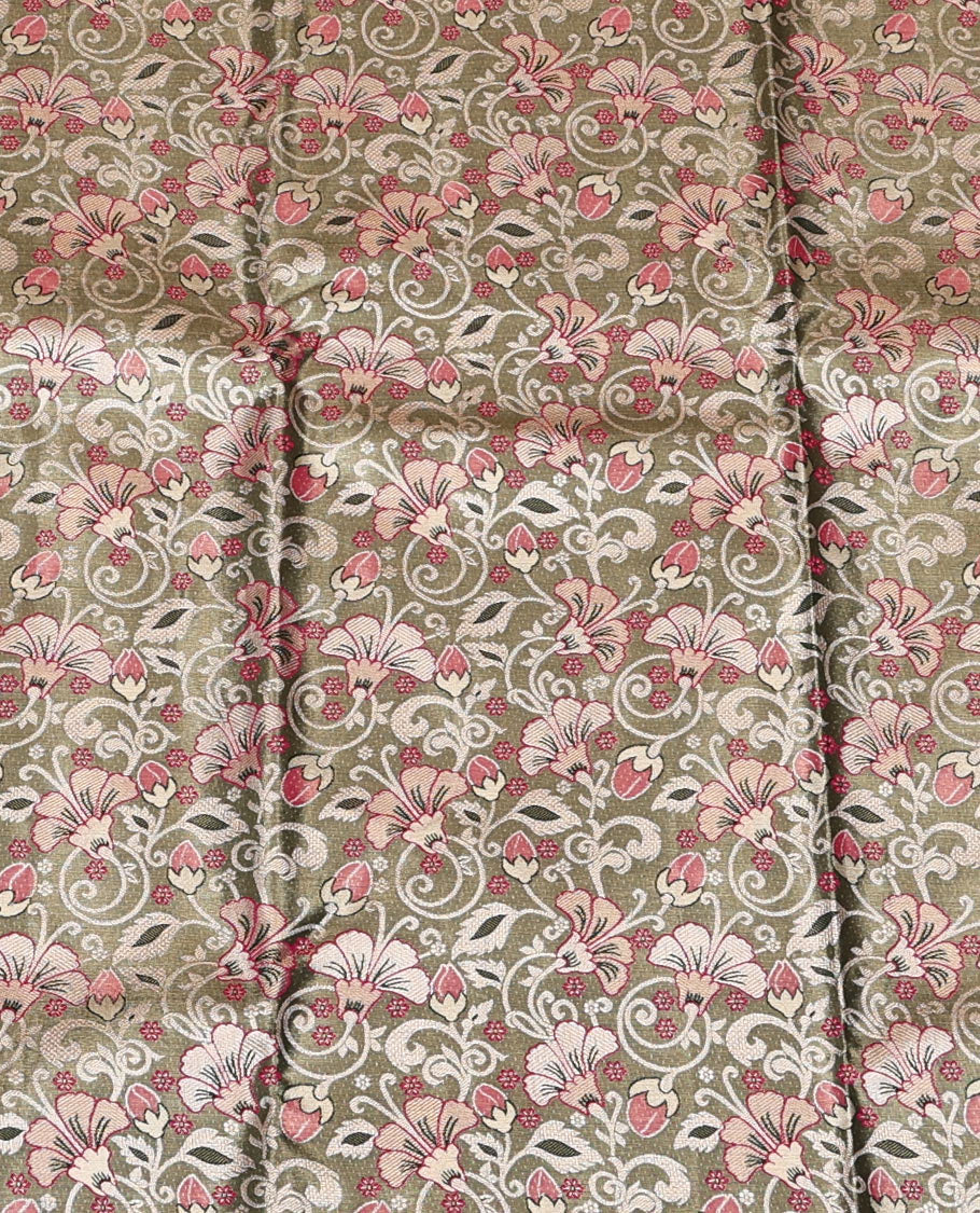 Grey Art Silk Material Half Saree, Richly Detailed with Jacquard Skirt, a Contrast Traditional Zari Border, Contrast Blouse, and an Intricate Dhavani