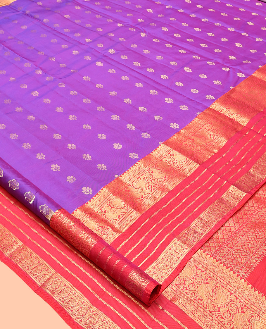 Violet Vasundhara Lite Silk Mix Saree, Gleamed Up with Zari Buttas, a Contrast Border of Rekku, Muthu, Neli, Mayil, and Cross Kamalam Designs, Grand Jaal Pallu, and a Contrast Blouse
