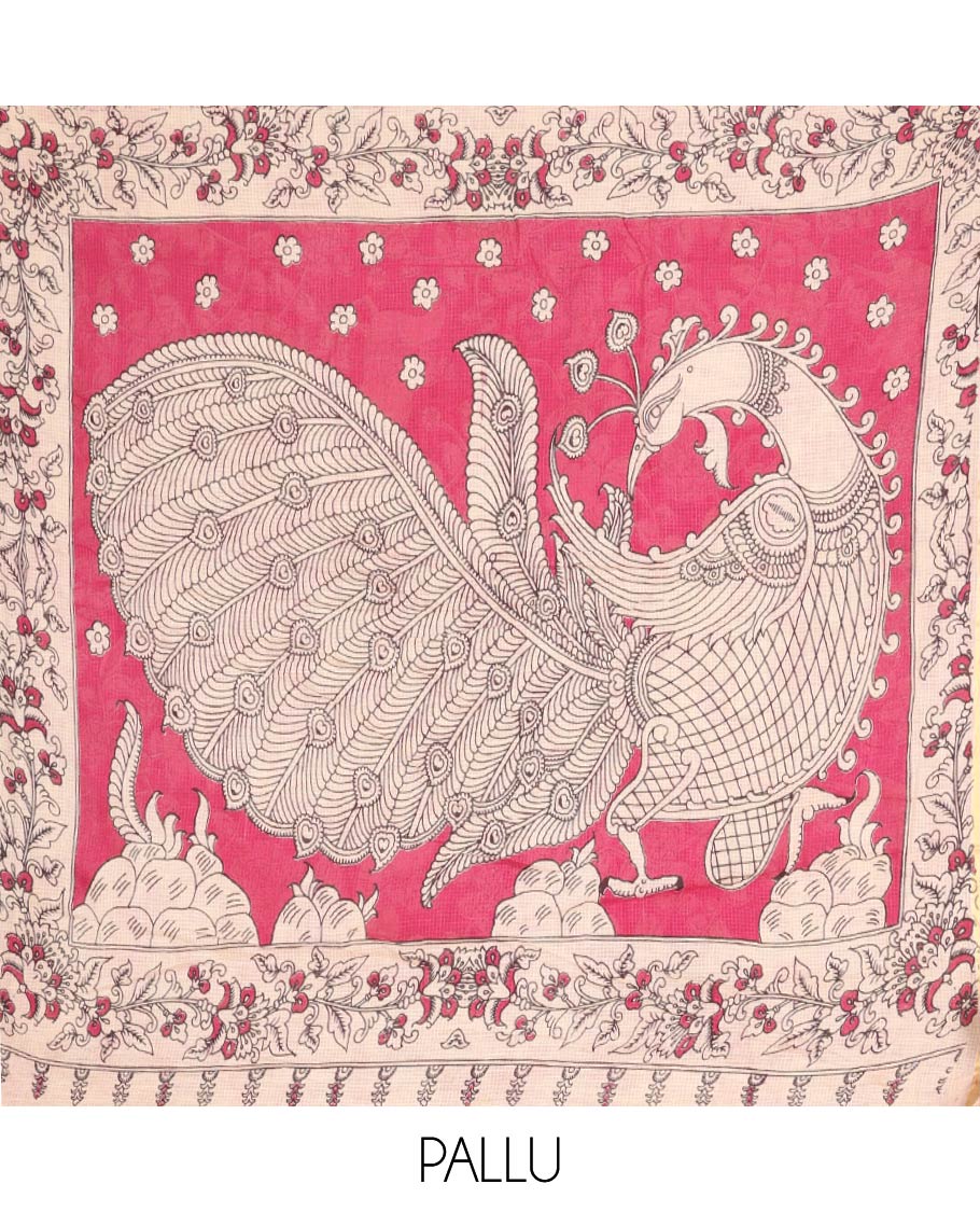 Pink Machine-Printed Kalamkari Cotton Saree Features Flora-Fauna Motifs, a Piping Border, Pallu of Peacock, and a Matching Blouse