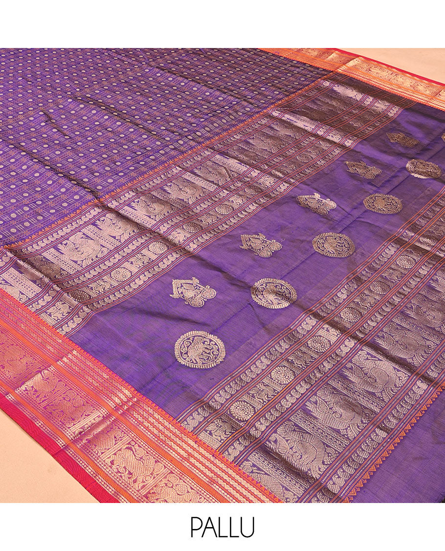 Purple Buttas Enclosed Checked Kuppadam Silk Saree, a Contrast Yazhi Border, Grand Pallu, a Matching Blouse