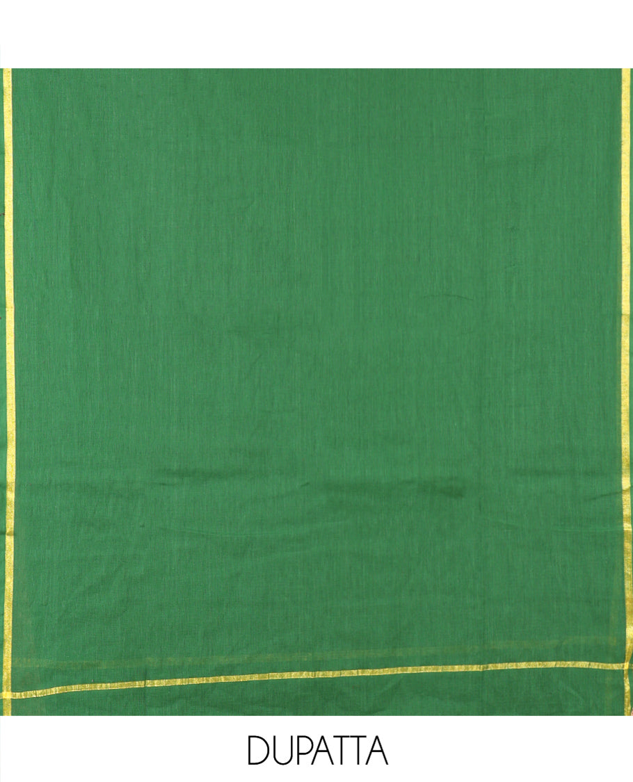 Green Handloom Material Chudidar, Peacock-Chakram Motifs-Threaded Top, a Contrast Plain Bottom, and a Contrast Dupatta