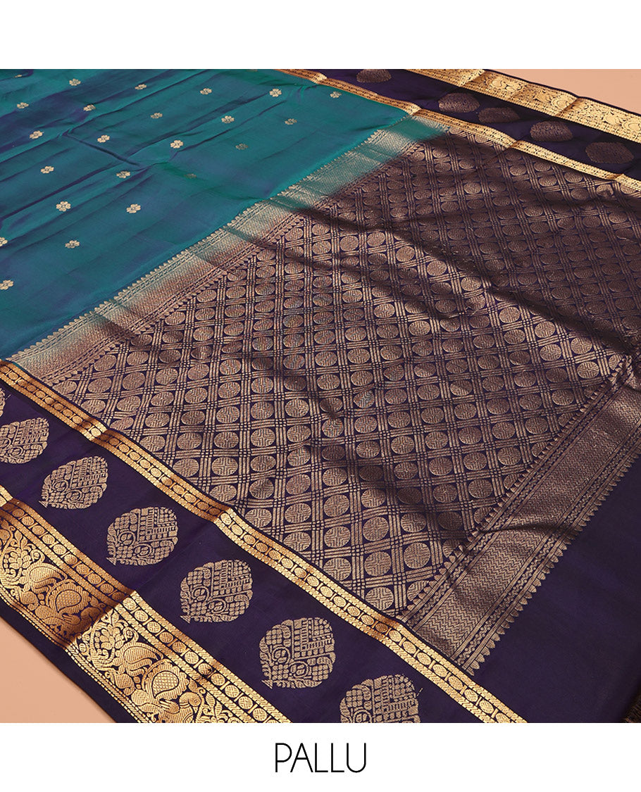 Blue Vasundhara Lite-Silk Mix Saree, Detailed with Zari Buttas, Complemented by a Contrast Border of Rudraksham and Mayil Designs, Grand Pallu, and a Contrast Blouse