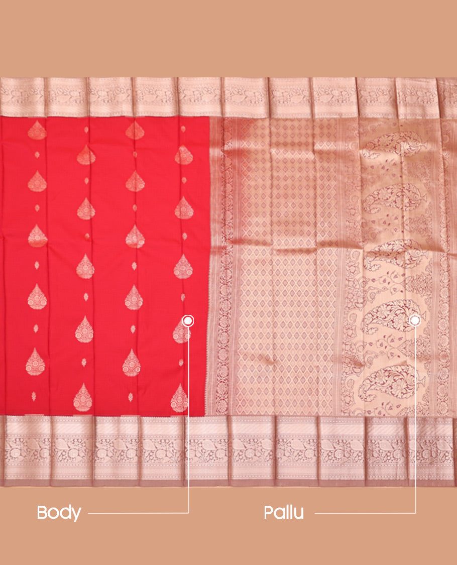 Red Budget Silk Saree, Spotlighted with Zari Buttas, Complemented by Contrast Traditional Zari Border, Jaal Pallu, and a Contrast Blouse