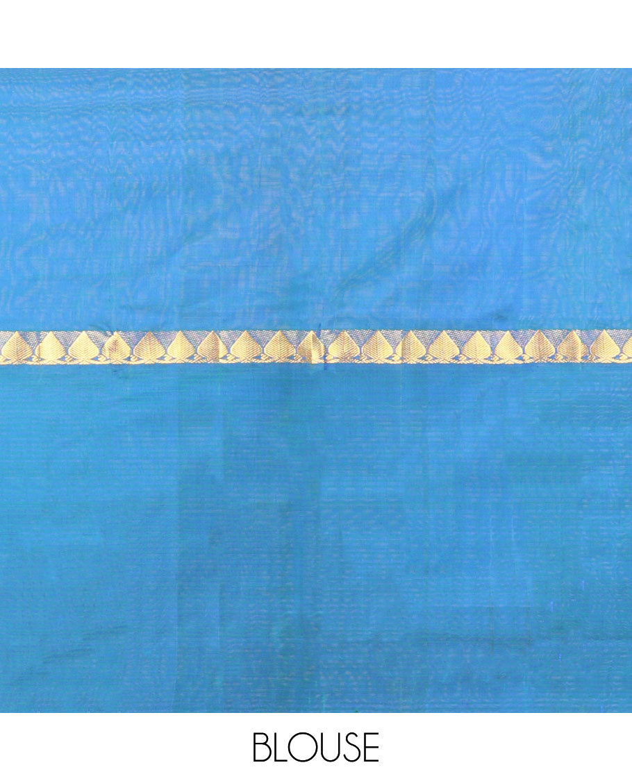 Blue checked kancheepuram silk saree with contrast striped, leaf design border & striped pallu