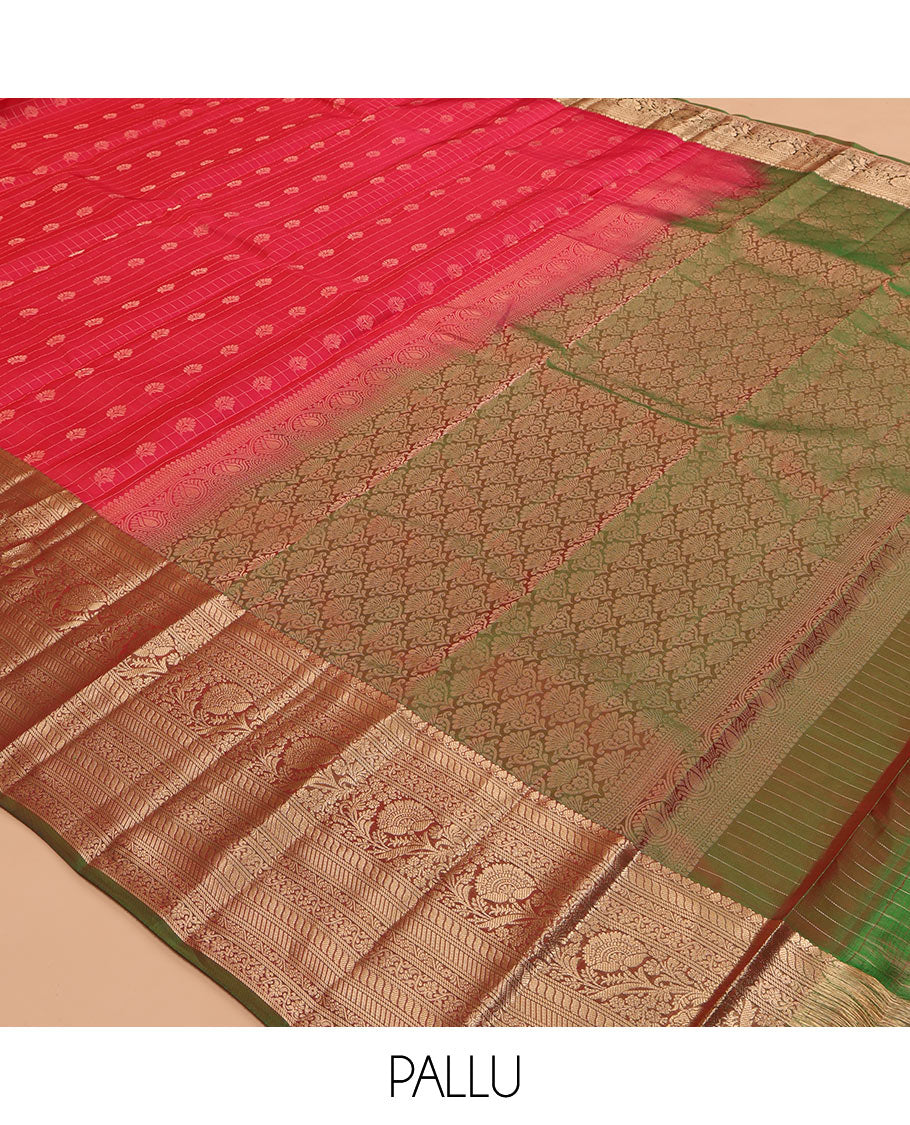 Red Vasundhara Lite Silk Mix Saree, Woven with Zari Butta Enclosed Checks, a Contrast Border of Puli Nagam and Kodi Visiry Designs, Grand Pallu, and a Contrast Blouse