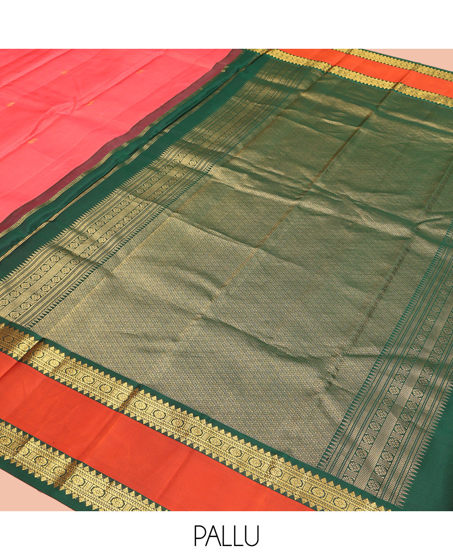Pink Vasundhara Silk Saree, Subtly Woven with Stripes and Buttas All Over Its Body Complemented by Contrast Rettai Pettu Border of Thilakam, Banaras, Muthu, and Laddu Kamalam Designs, Grand Jaal Pallu and Paired with a Contrast Blouse