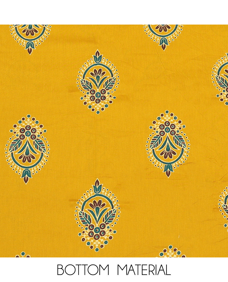 Yellow Cotton Material Churidar Set, Embellished with Unique Motifs and Neck Embroidered Top, Matching Bottom, and Printed Dupatta