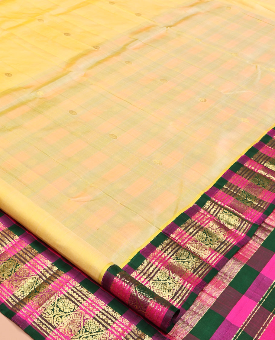 Yellow Kanchipuram Silk Saree, Sparsely Woven with Zari Buttas, Contrast One-Sided Korvai Checked Border of Neli, Banaras, and Jada Nagam Designs, Zari Design Pallu, and No Blouse