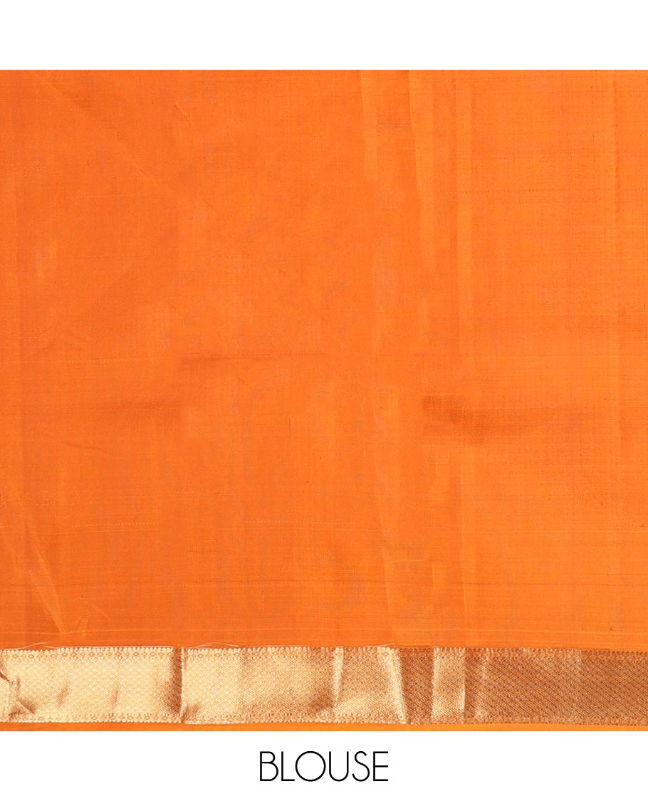 Orange mayil buttas silk saree with self wedding, temple, checked design & argyle design pallu