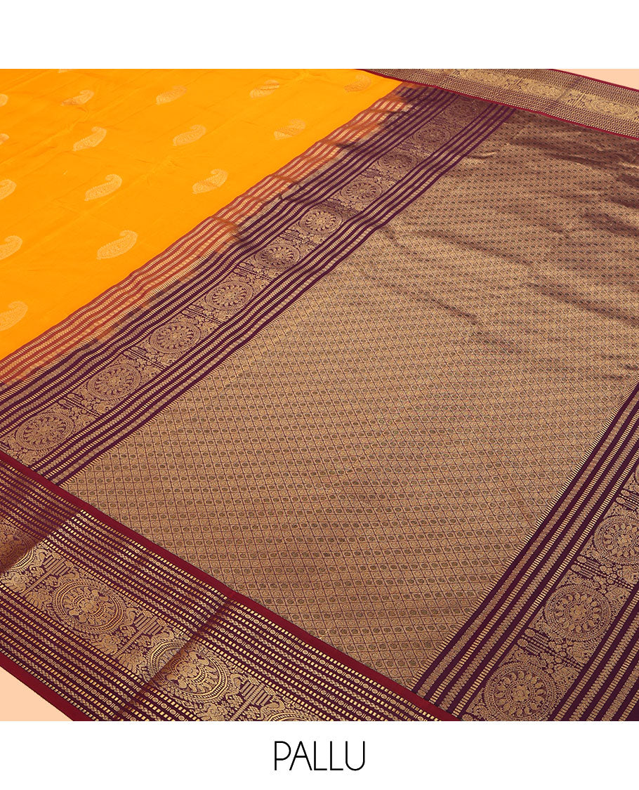 Orange Vasundhara Lite Silk Mix Saree, Woven with Zari Buttas, a Contrast Border of Muthu, Paisa, Yaanai, Mayil, and Chakram Designs, Grand Pallu, and a Contrast Blouse