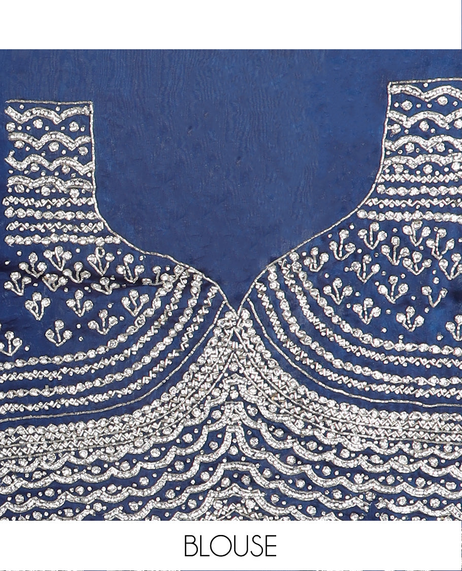 Blue plain designer saree, scallop intricately embroidered border