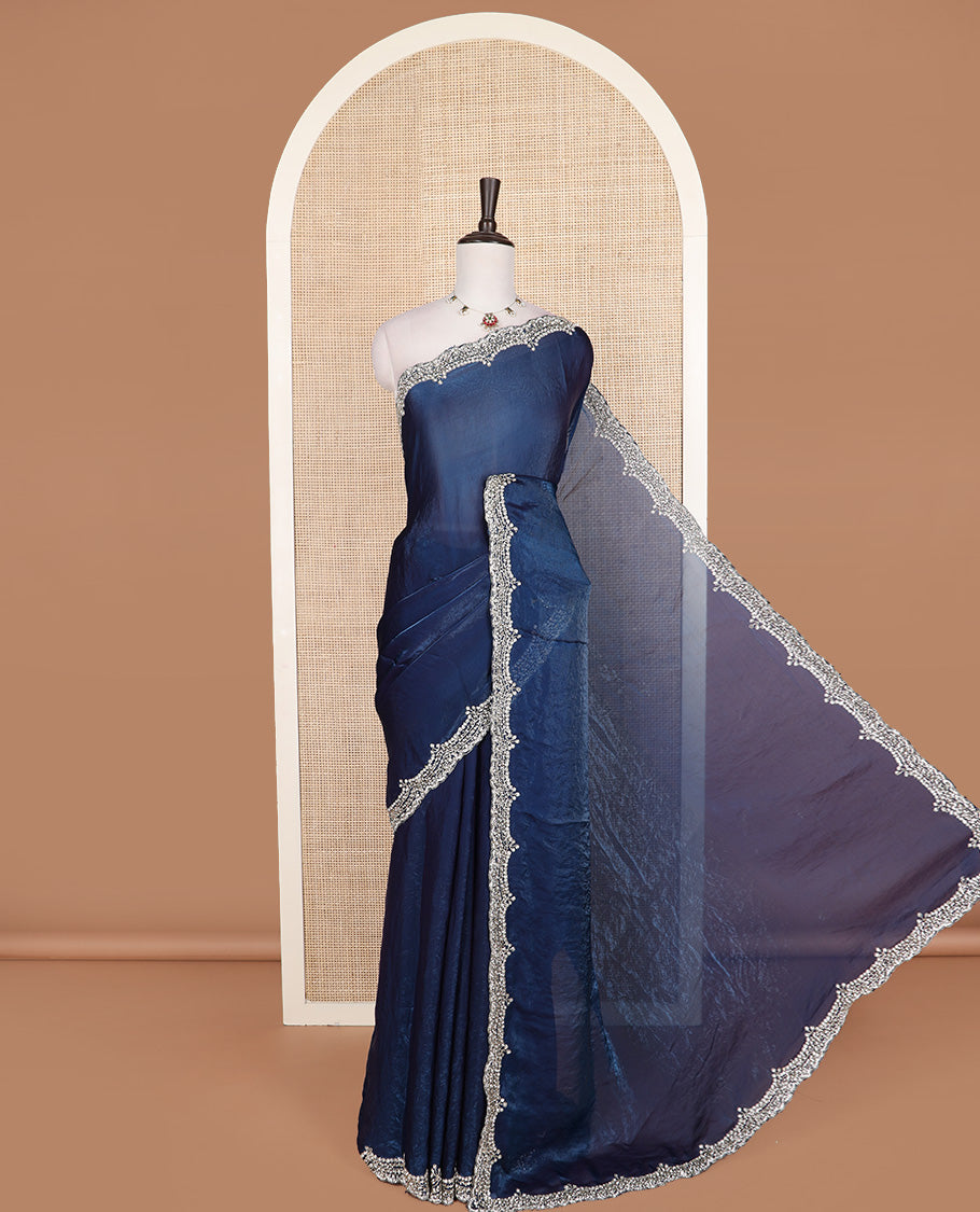 Blue plain designer saree, scallop intricately embroidered border