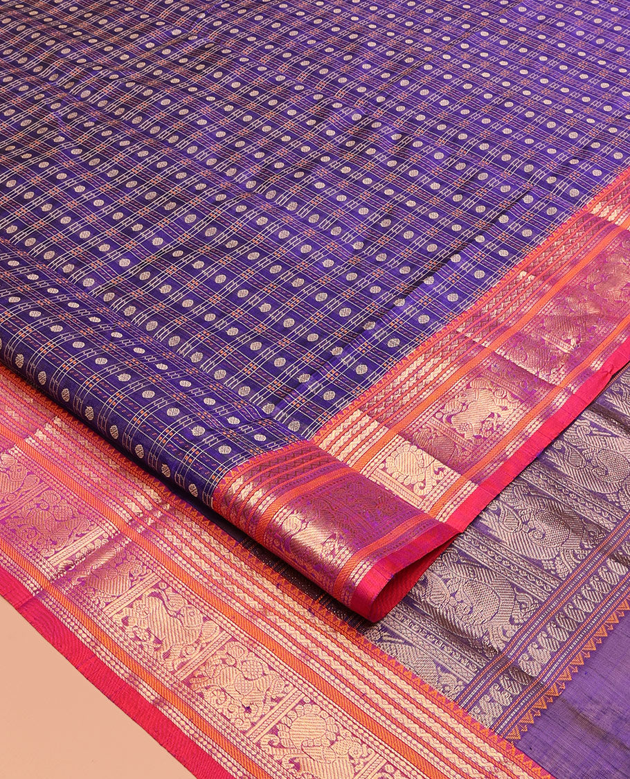 Purple Buttas Enclosed Checked Kuppadam Silk Saree, a Contrast Yazhi Border, Grand Pallu, a Matching Blouse