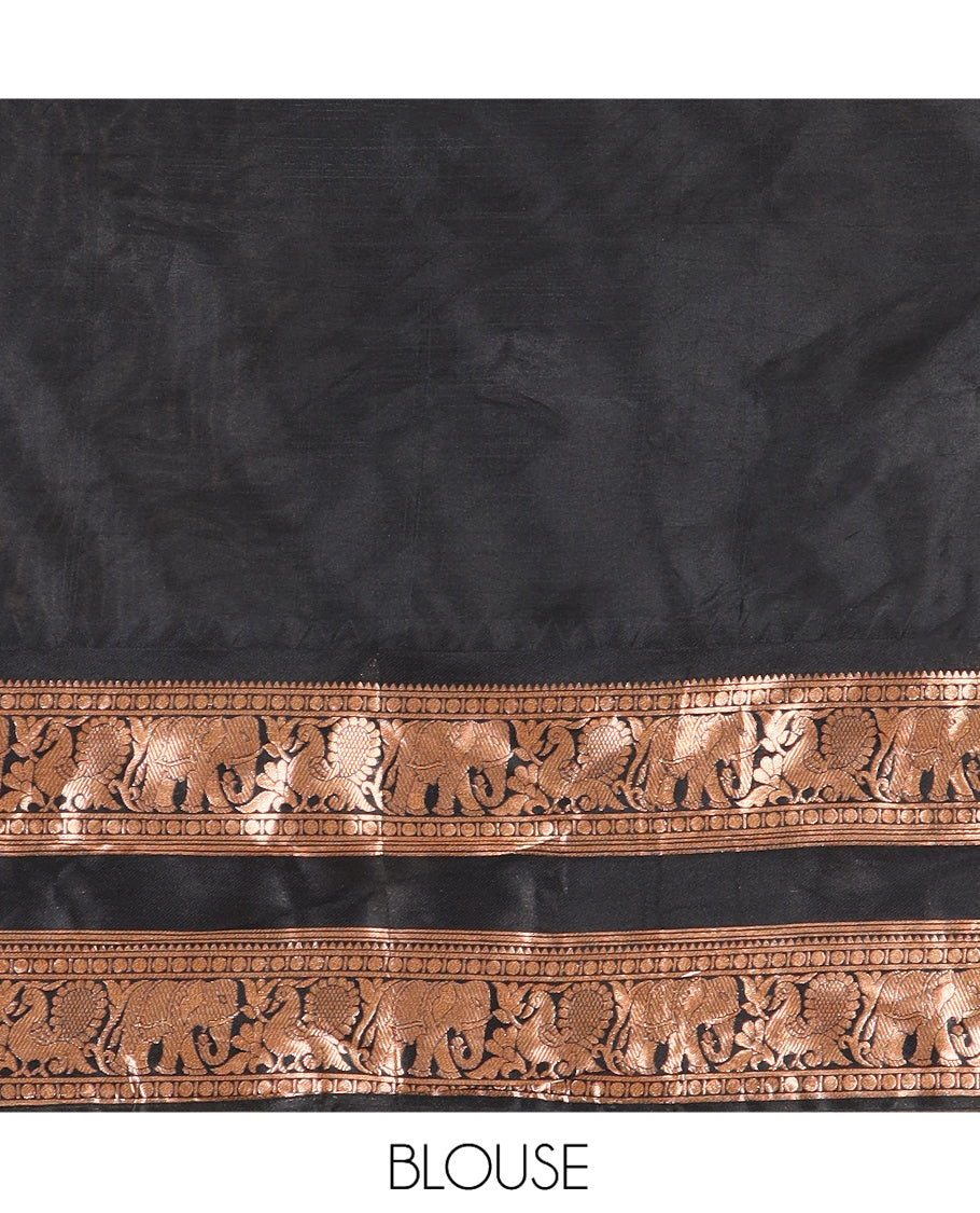 Black Semi-Silk Half-Saree Features Plain Skirt, a Rettai Pettu Elephant-Peacock Border, Matching Blouse, and a Dhavani