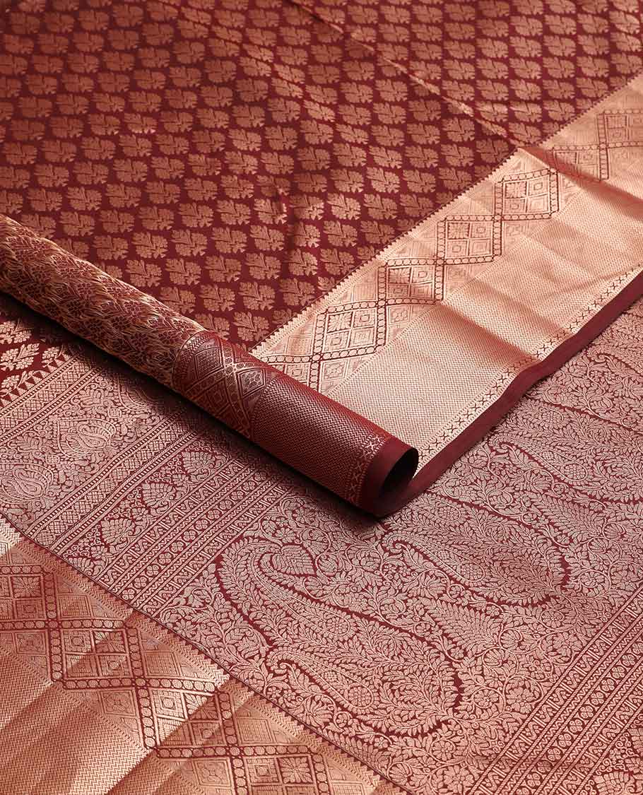 Brown floral jaal design kancheepuram silk saree with self border of intricate geometric design & zari design pallu