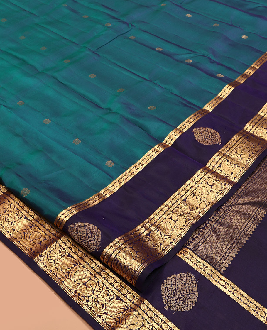 Blue Vasundhara Lite-Silk Mix Saree, Detailed with Zari Buttas, Complemented by a Contrast Border of Rudraksham and Mayil Designs, Grand Pallu, and a Contrast Blouse