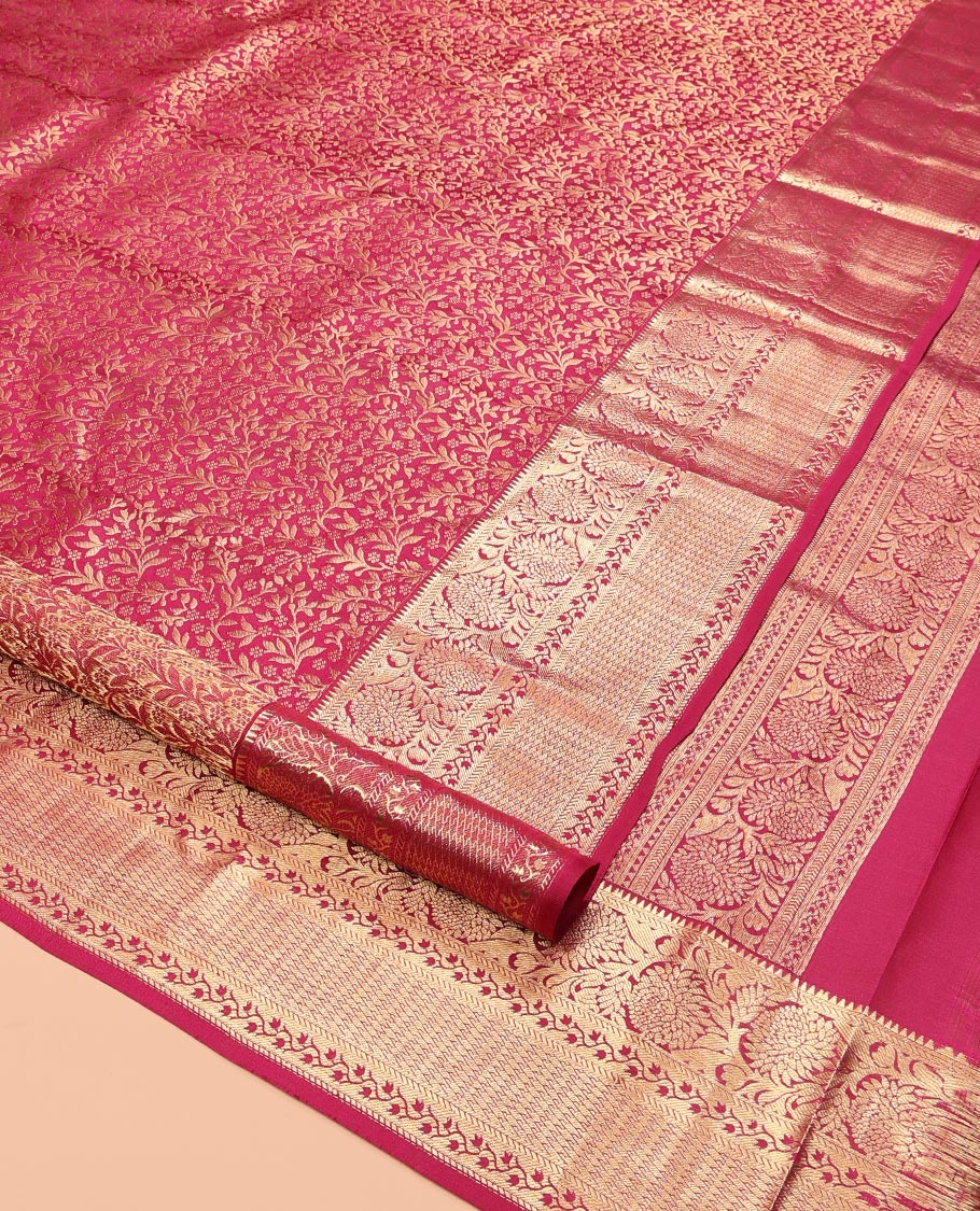 Wine Kanchipuram Wedding Silk Saree, Finely Crafted with Jacquard Design, a Zari Border of Rekku, Kathir, and Kodi Visiry, Jaal Pallu, and a Matching Blouse
