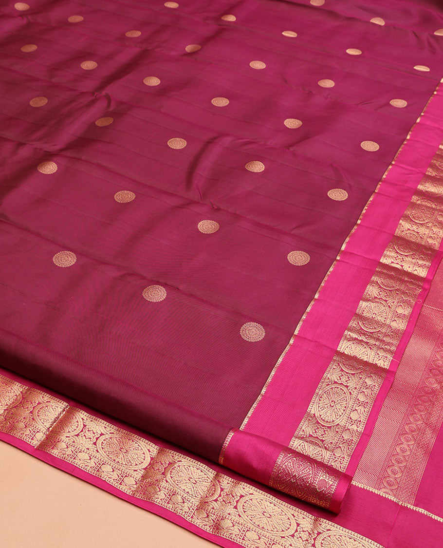 Wine Vasundhara Silk Saree, Woven with Chakram Zari Buttas, Contrast Rettai Pettu Border of Ara Bogudi, Mayil, and Chakram Designs, Jaal Pallu, and Contrast Blouse