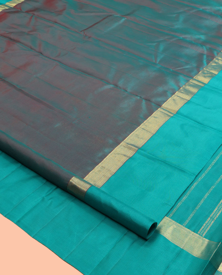 Blue Dual-tone Kanchipuram Silk Saree, Elevated with Goddess Lakshmi Buttas, a Contrast Goddess Lakshmi Border, Goddess Lakshmi Pallu, and a Contrast Blouse