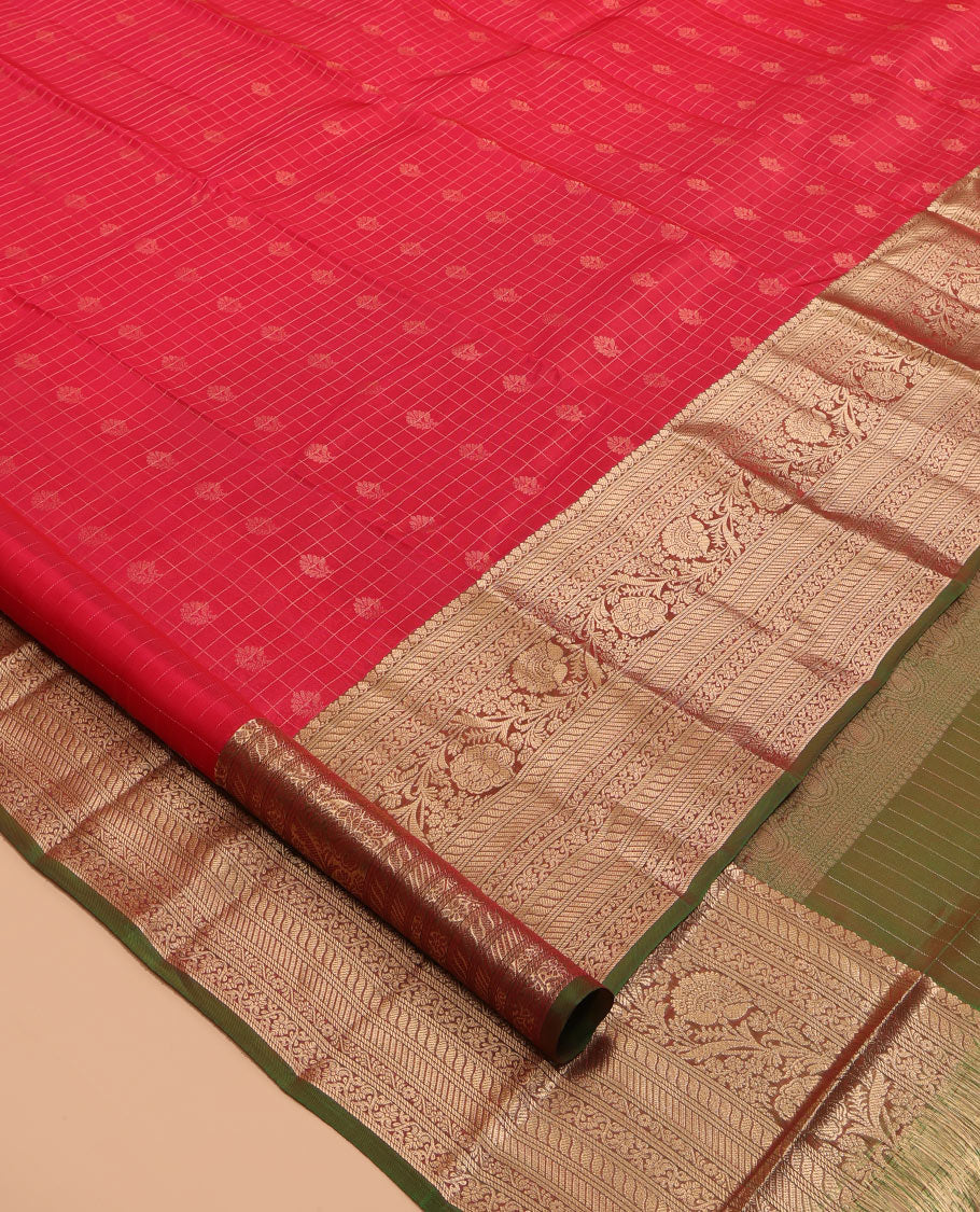 Red Vasundhara Lite Silk Mix Saree, Woven with Zari Butta Enclosed Checks, a Contrast Border of Puli Nagam and Kodi Visiry Designs, Grand Pallu, and a Contrast Blouse