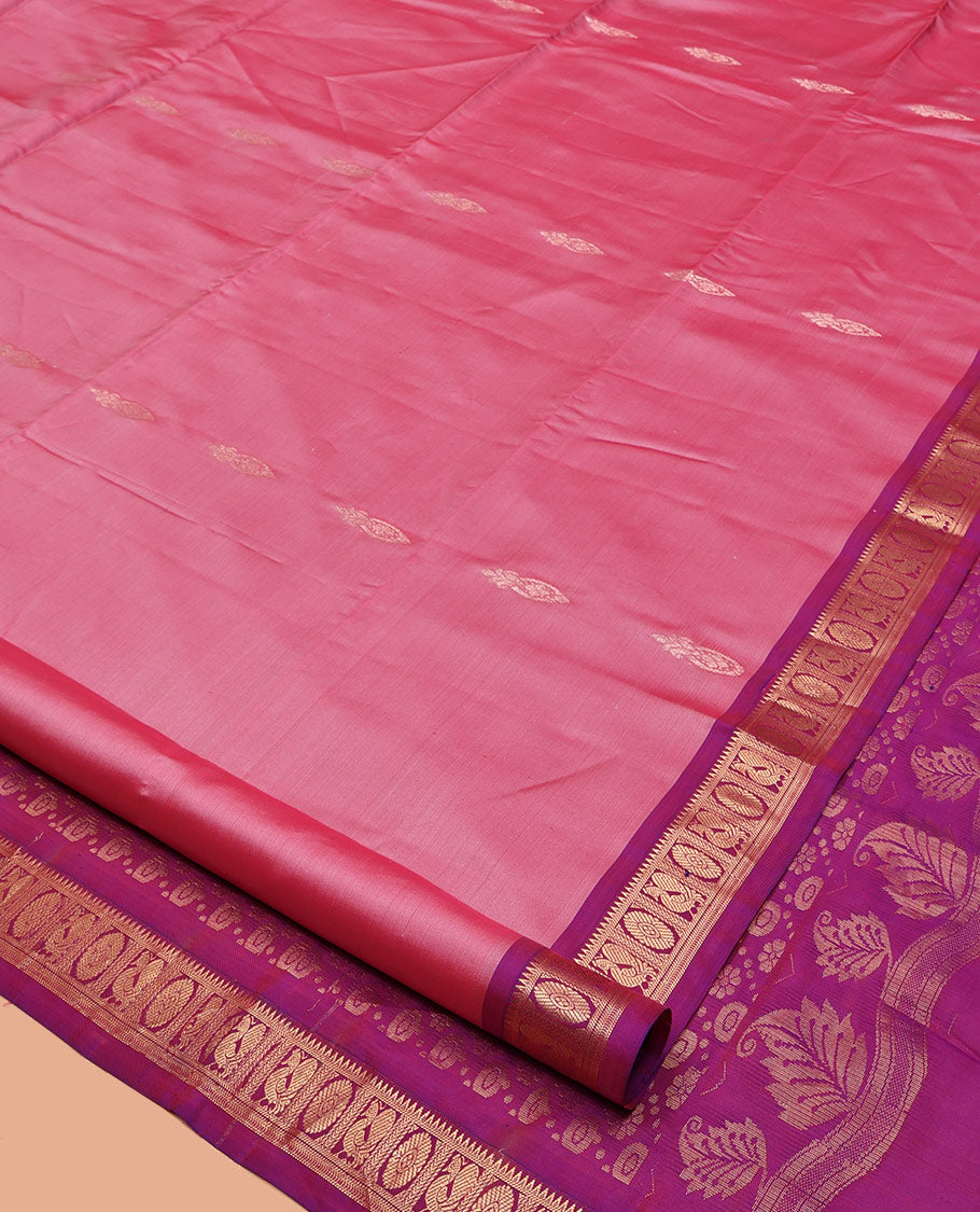 Pink Uppada Silk Saree, Ornamented with Zari Buttas, a Contrast Peacock-Chakram Border, Grand Pallu, and a Contrast Blouse
