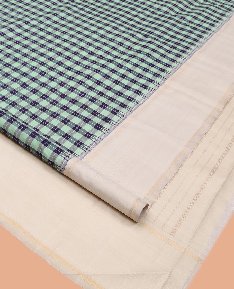 Green-Blue Checked Kanchipuram Silk Saree, Complemented by a Contrast Thazampoo Rekku Bodi Border, Sparsely Woven Pallu, and Contrast Blouse