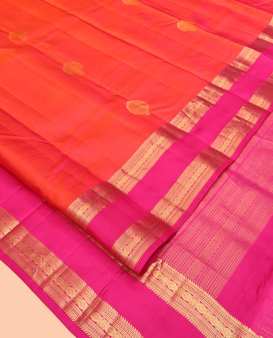 Orange Vasundhara Silk Saree, Woven with Zari Buttas, Contrast Rettai Pettu Traditional Zari Border, Grand Pallu, and a Contrast Blouse