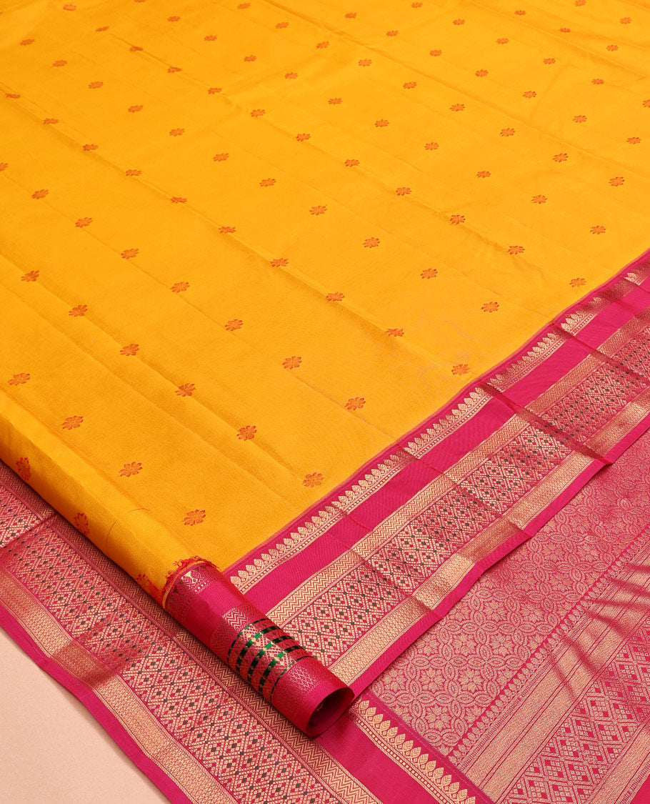 Yellow Thread Buttas Vasundhara Lite Silk Mix Saree, a Contrast Border of Thilakam Mokku, Vanki and Jaal Designs, Grand Pallu, and a Contrast Blouse