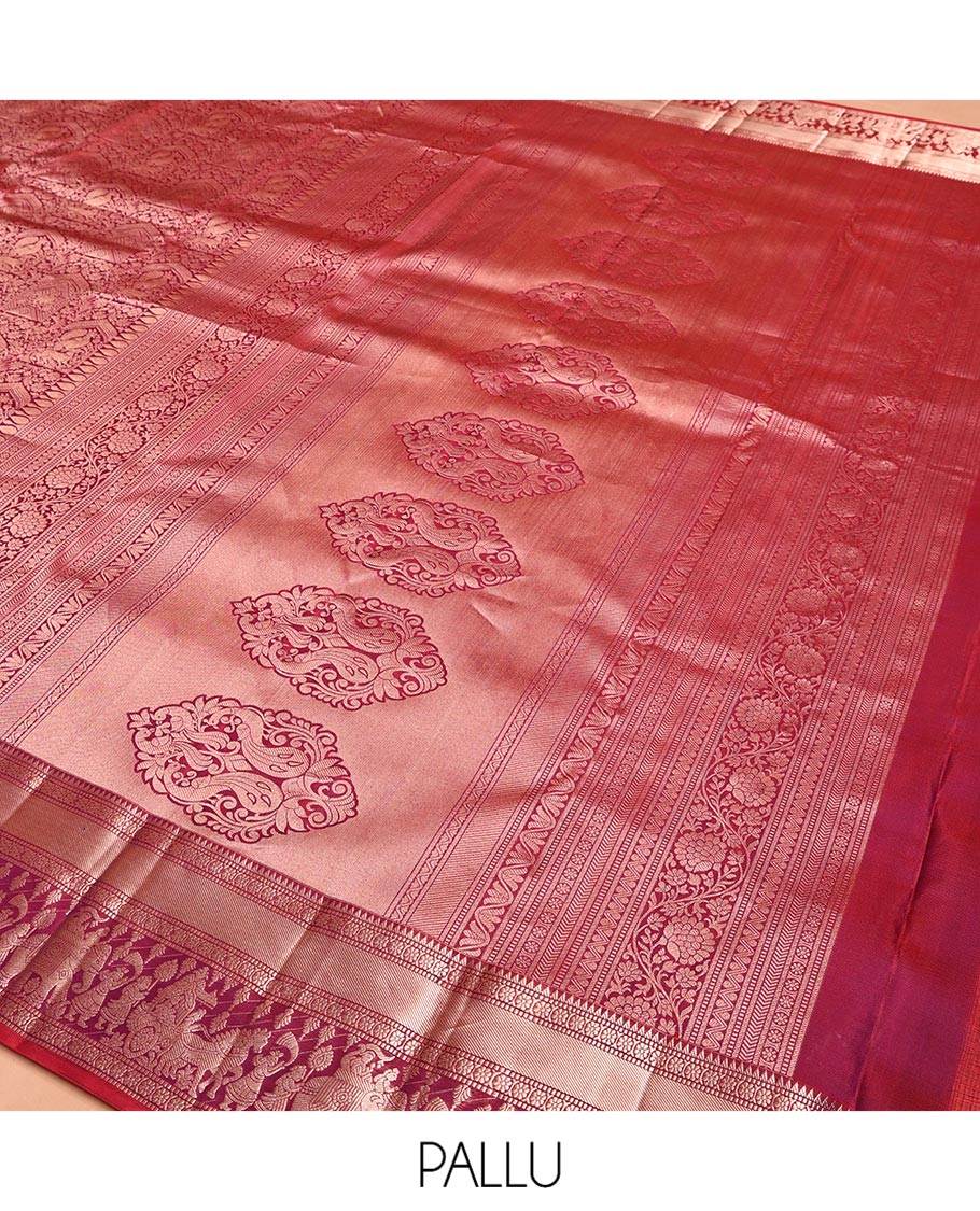 Red Kanchipuram Wedding Silk Saree, Majestically Detailed with Jacquard Design on Its Body, Highlighted by Zari Border of Rekku, Muthu, Kamalam, and Wedding-Themed Designs, Grand Pallu, and Paired with a Matching Blouse