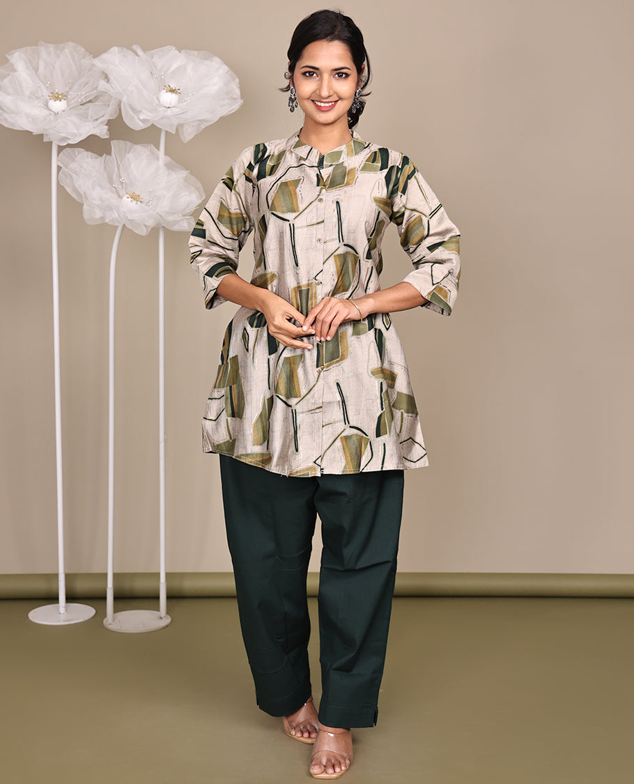 Grey Abstract Printed Above-Knee-Short Rayon Kurti, Comes with a Chinese Collar, 3/4 Sleeves, and A-Line Length