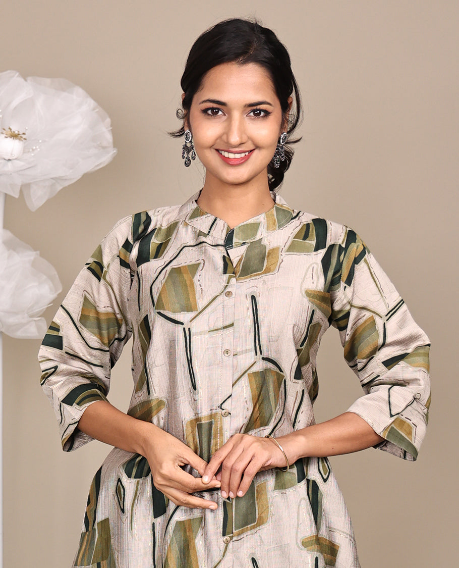 Grey Abstract Printed Above-Knee-Short Rayon Kurti, Comes with a Chinese Collar, 3/4 Sleeves, and A-Line Length